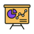 Admissions marketing reports Presentation board with a pie chart, line graph, and text on a yellow background.