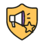 brand positioning for schools Yellow shield with a black megaphone, purple accent, and a star on a dark gradient background.