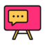 communication workshops for institutions Pink board on a stand with a yellow speech bubble containing three dots in the center.