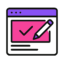 landing page for admissions Webpage icon with a pink checkmark, pencil, and purple header on a dark background.