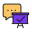 marketing tech implementation Yellow speech bubble with three dots and a purple presentation board with a checkmark.