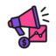 tm - IT Services - performance marketing Pink megaphone, envelope with a graph, and a dollar coin, symbolizing marketing or promotions.