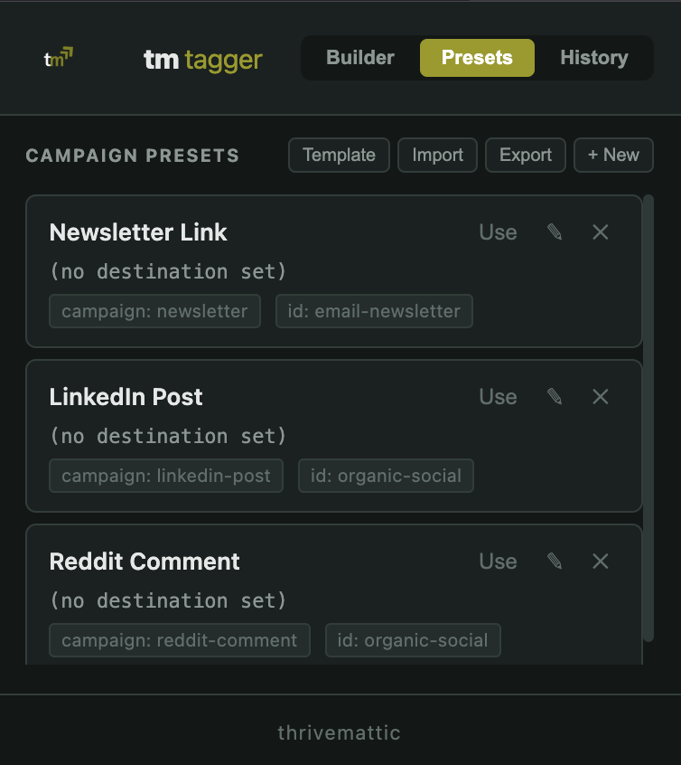 tm tagger presets tab showing campaign preset cards