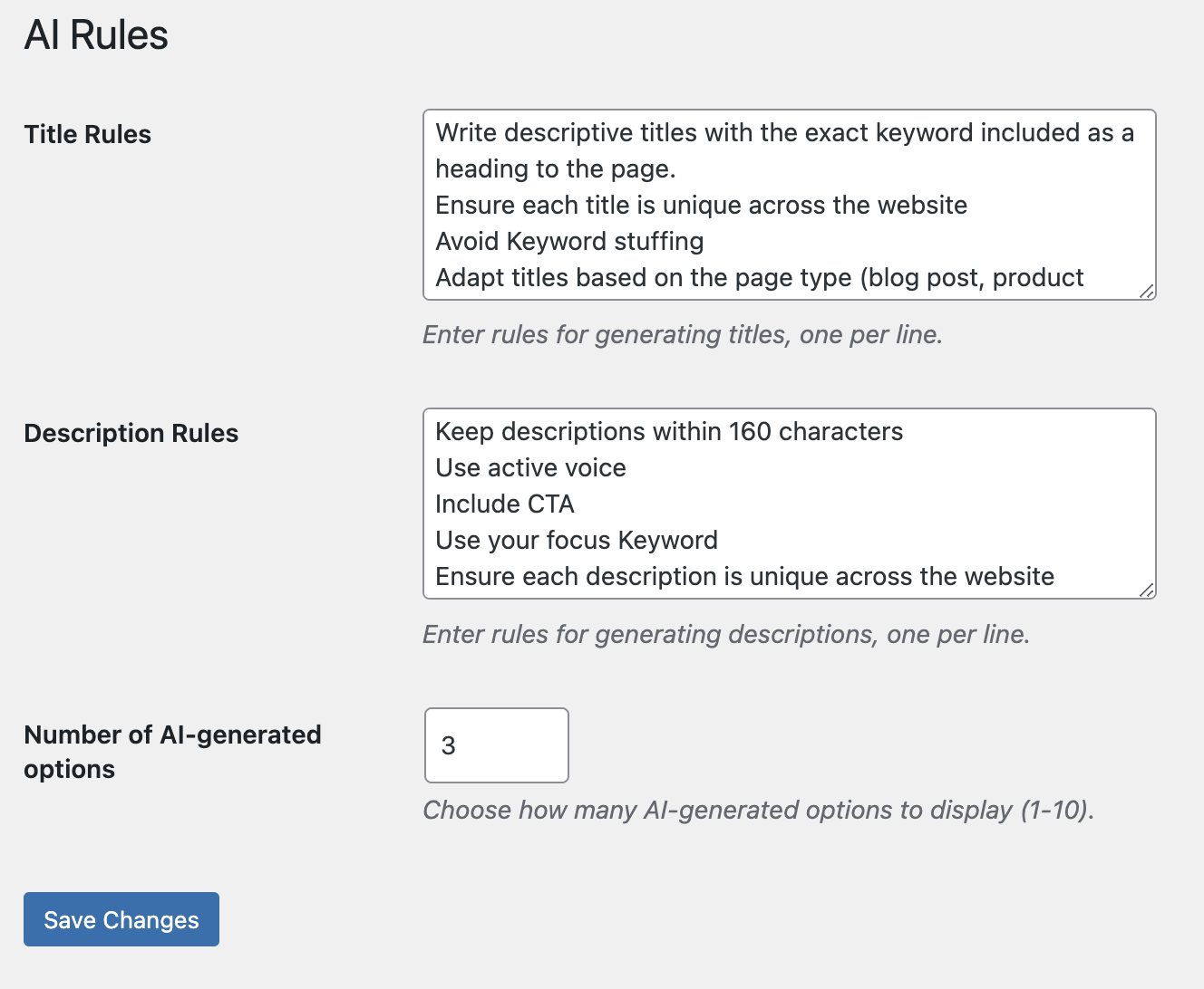 AI rules input form with fields for title rules, description rules, and number of AI-generated options.