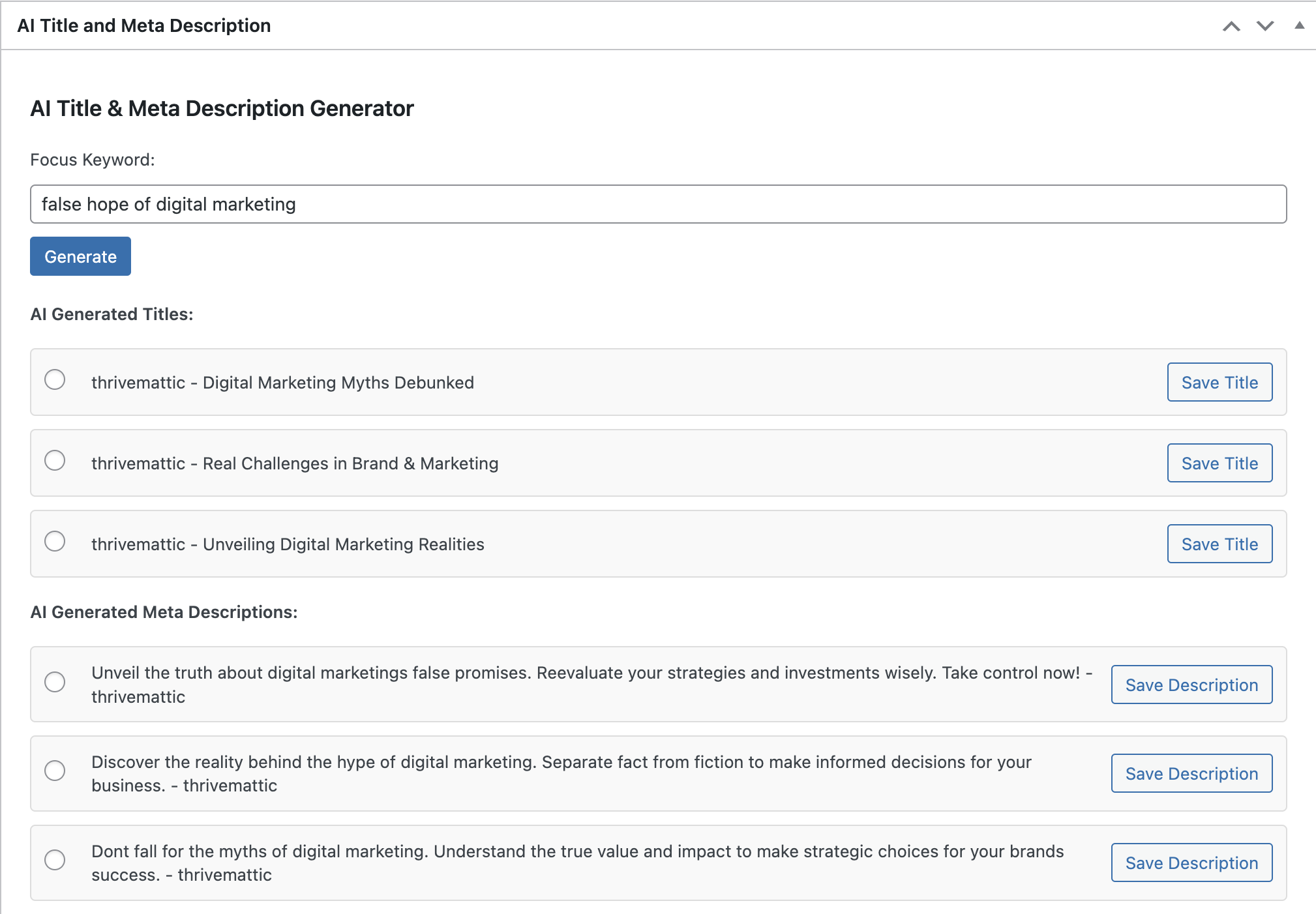 AI tool generates titles and meta descriptions about digital marketing myths and realities.