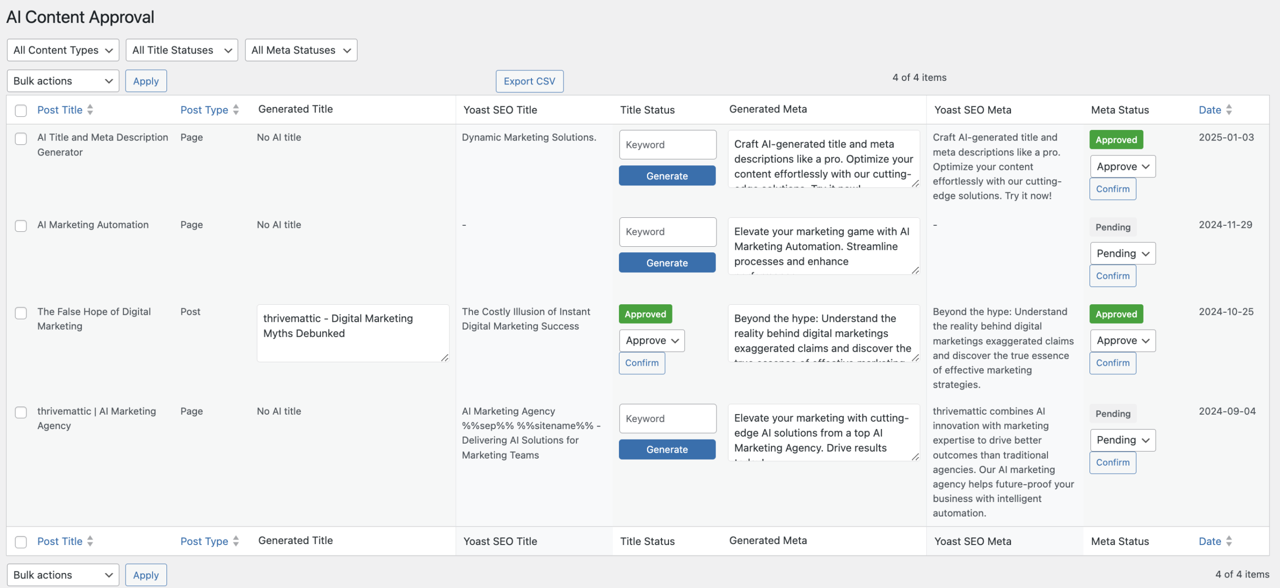 AI content approval dashboard with columns for post title, type, status, meta, and approval options.