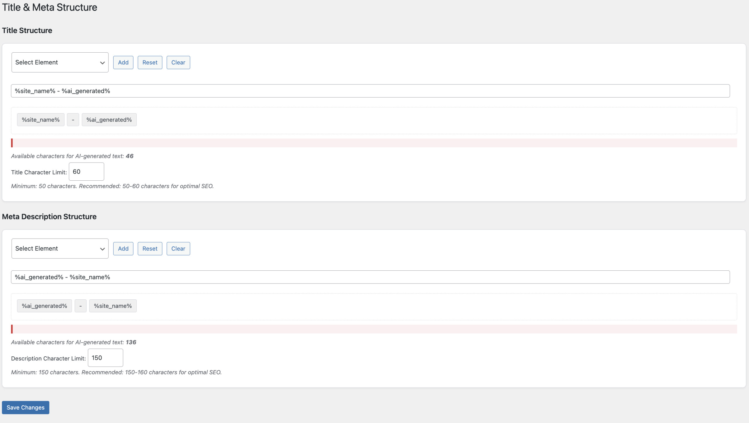 SEO title and meta description structure editor with character counters and input fields.